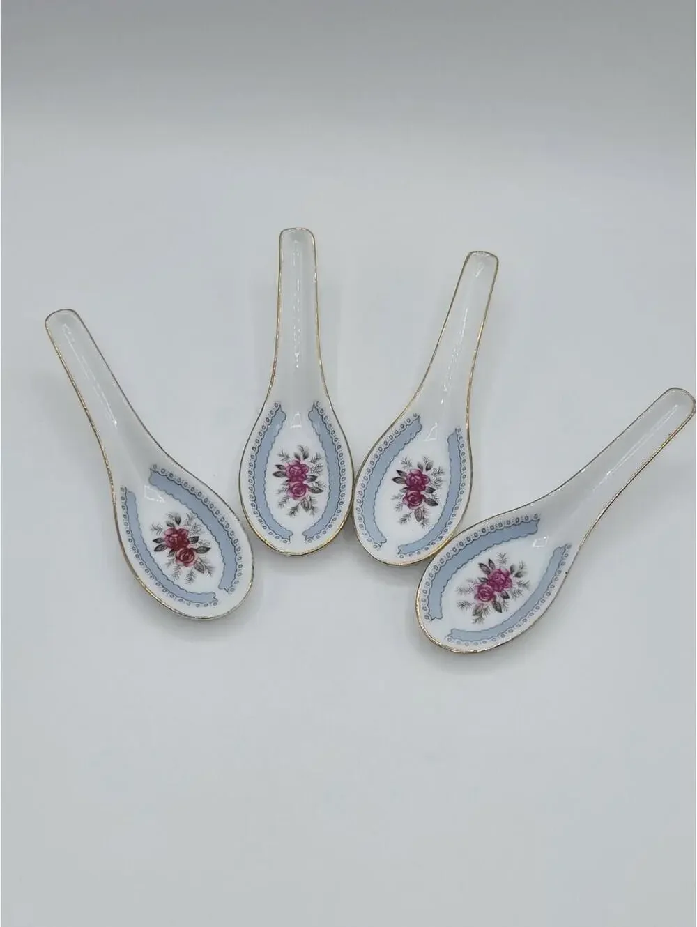 Cathay Porcelain Soup Spoons Set‎ of 4 Floral Rose Gold Trim China
